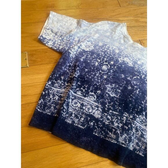 Pure Jill women's linen/cotton Blue & White Pattern open back Short Sleeve Top L - Picture 2 of 8